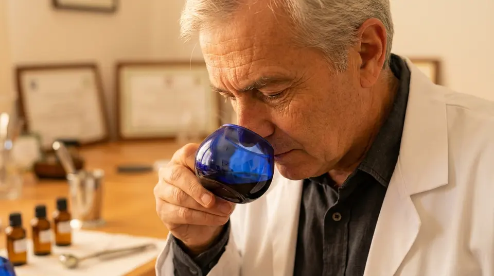 Ein Experte konzentriert sich auf die sensorische Analyse von Olivenöl, indem er das Aroma aus einem blauen Verkostungsglas inhaliert. Ein Experte konzentriert sich auf die sensorische Analyse von Olivenöl, indem er das Aroma aus einem blauen Verkostungsglas inhaliert.